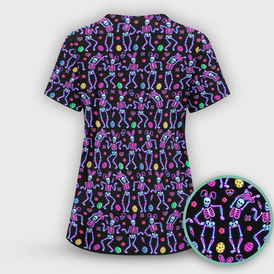 Neon Easter Skeleton Pattern Scrub Top, Comfortable Scrubs for Nurses