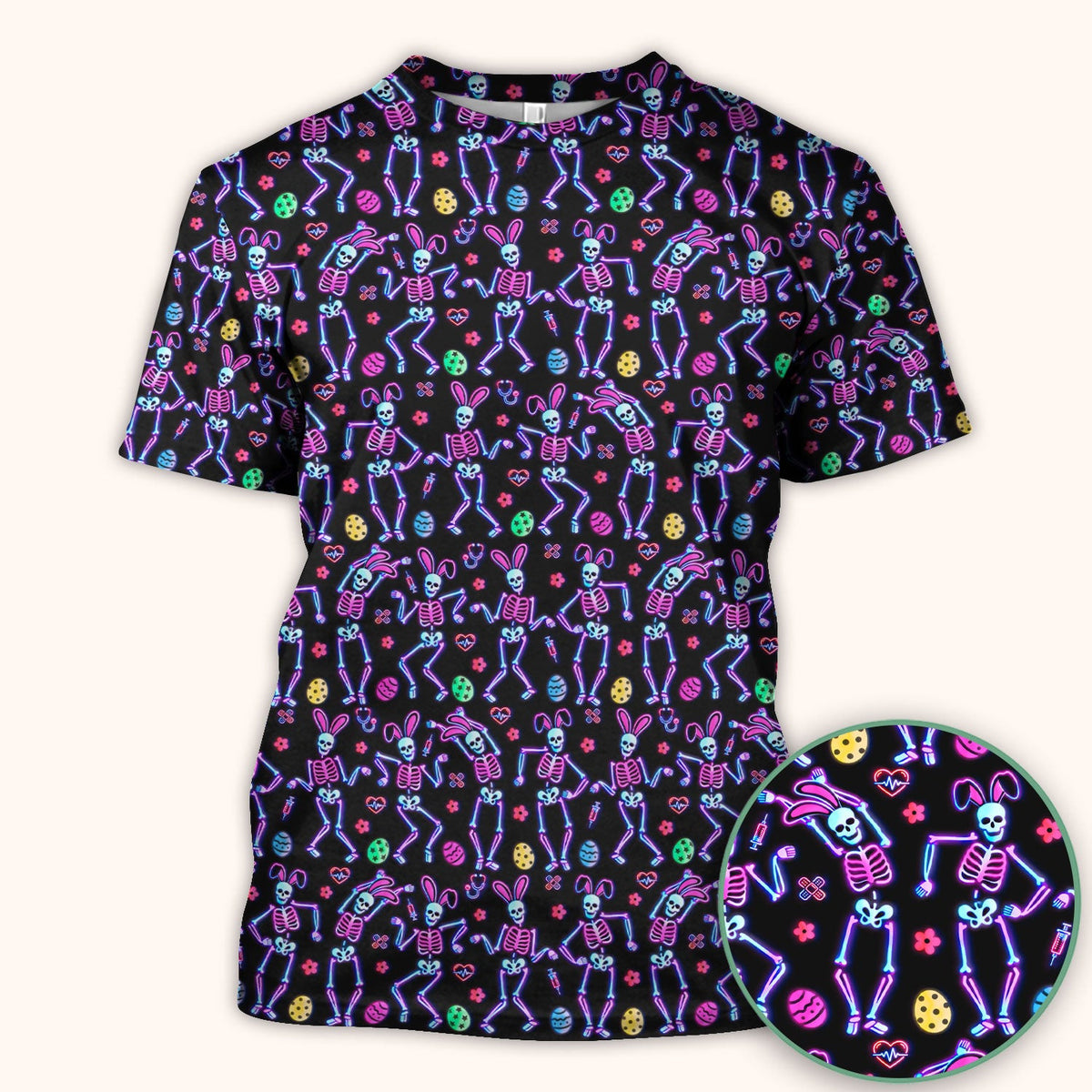 Neon Easter Skeleton Pattern Scrub Top, Comfortable Scrubs for Nurses