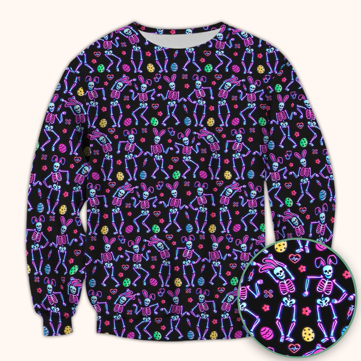 Neon Easter Skeleton Pattern Scrub Top, Comfortable Scrubs for Nurses