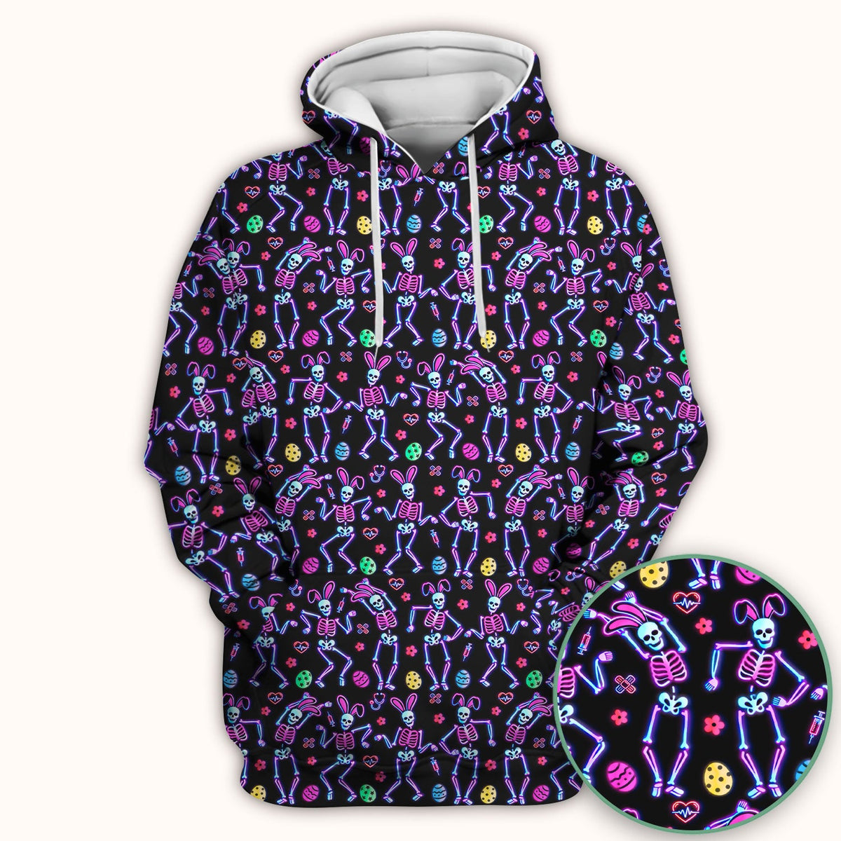 Neon Easter Skeleton Pattern Scrub Top, Comfortable Scrubs for Nurses