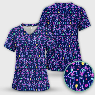 Neon Easter Skeleton Pattern Scrub Top, Comfortable Scrubs for Nurses