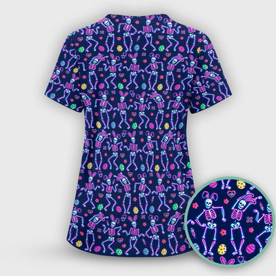 Neon Easter Skeleton Pattern Scrub Top, Comfortable Scrubs for Nurses