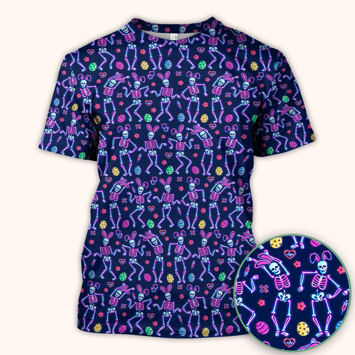 Neon Easter Skeleton Pattern Scrub Top, Comfortable Scrubs for Nurses