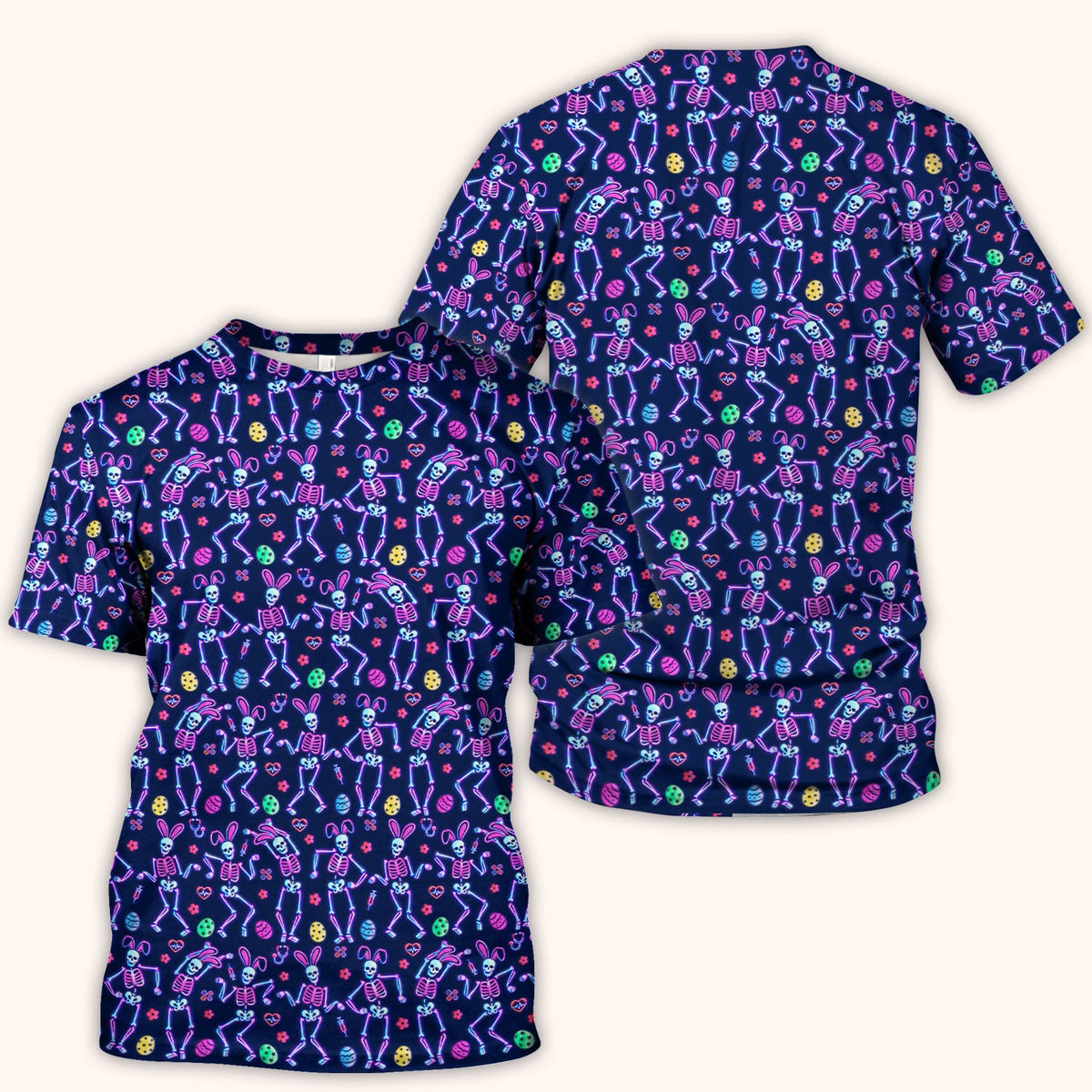 Neon Easter Skeleton Pattern Scrub Top, Comfortable Scrubs for Nurses