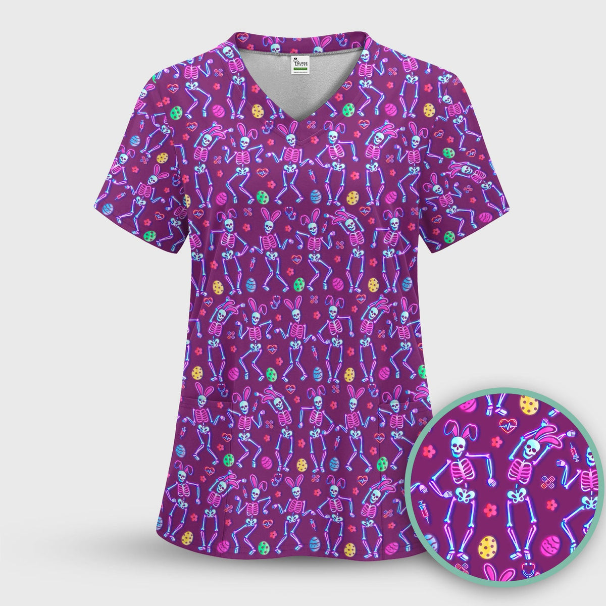 Neon Easter Skeleton Pattern Scrub Top, Comfortable Scrubs for Nurses