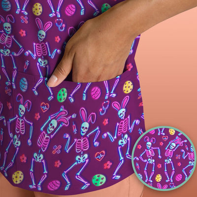 Neon Easter Skeleton Pattern Scrub Top, Comfortable Scrubs for Nurses