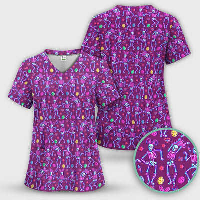 Neon Easter Skeleton Pattern Scrub Top, Comfortable Scrubs for Nurses