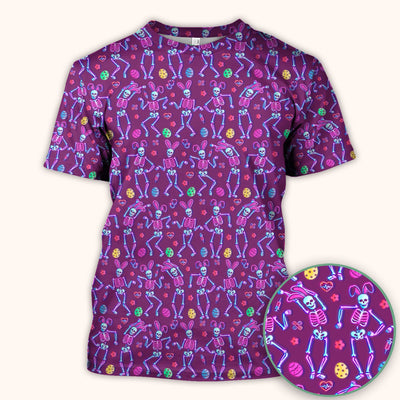 Neon Easter Skeleton Pattern Scrub Top, Comfortable Scrubs for Nurses