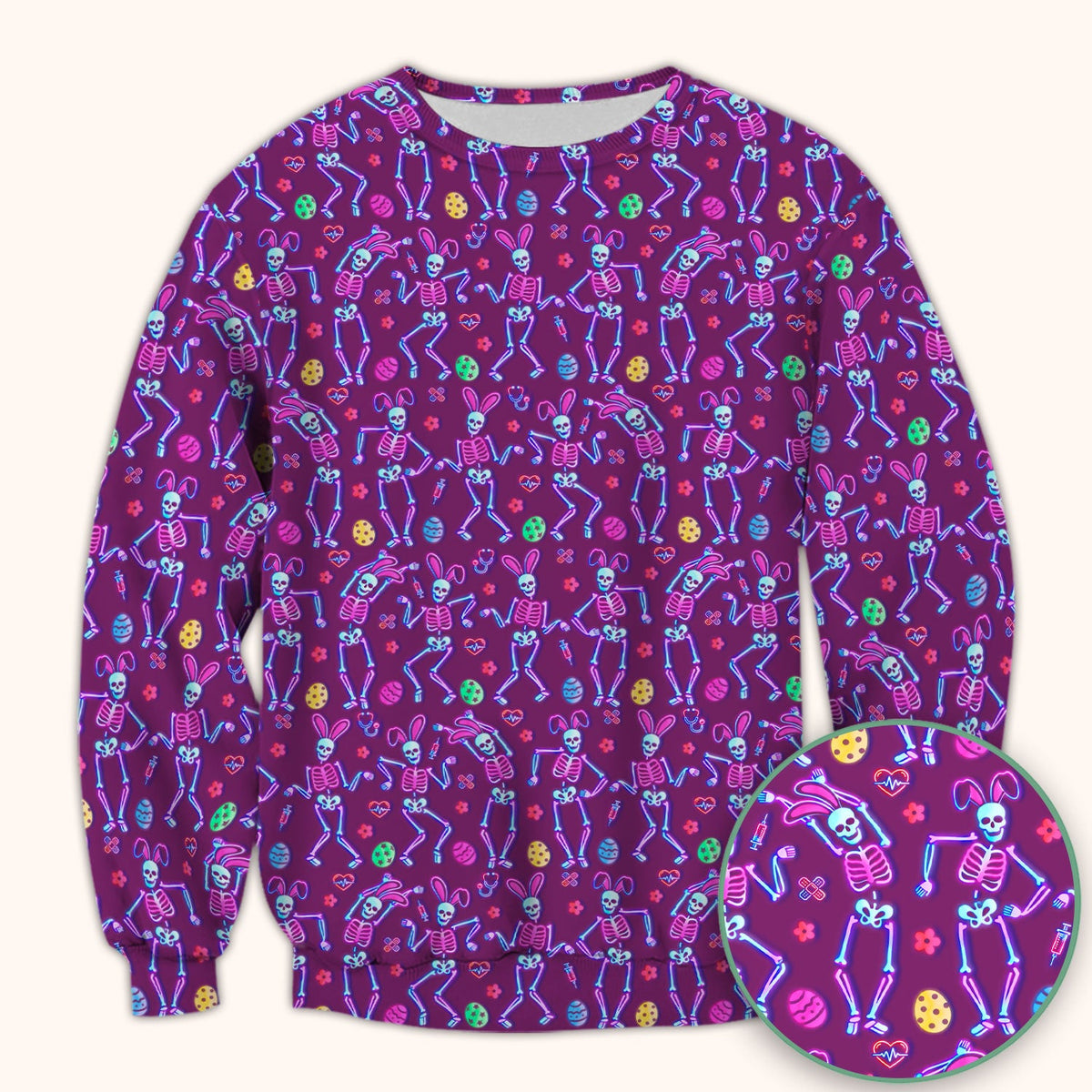 Neon Easter Skeleton Pattern Scrub Top, Comfortable Scrubs for Nurses