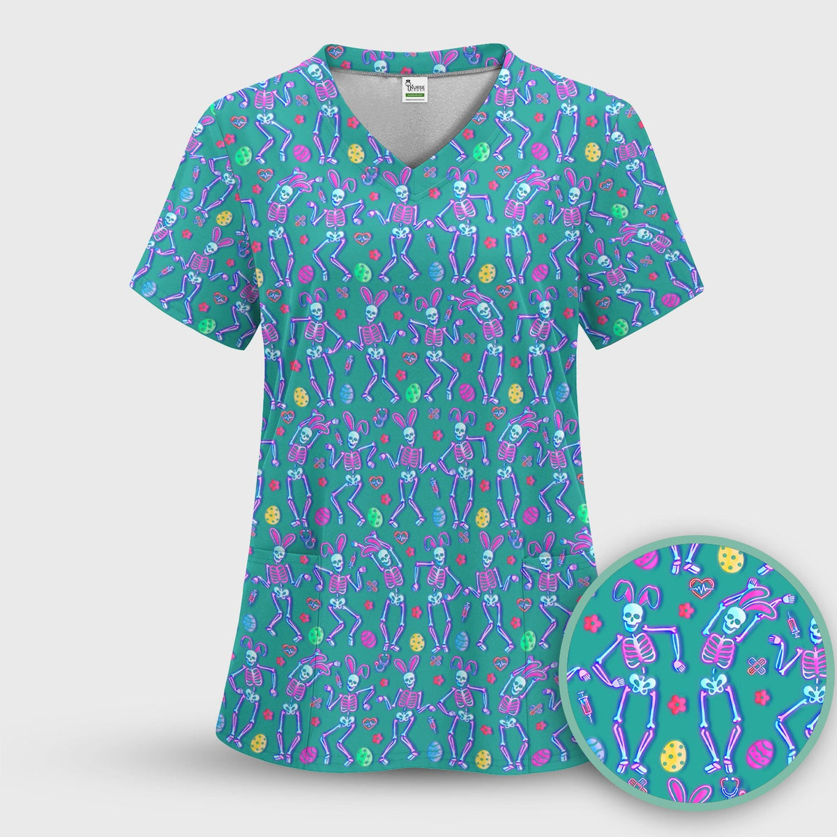 Neon Easter Skeleton Pattern Scrub Top, Comfortable Scrubs for Nurses