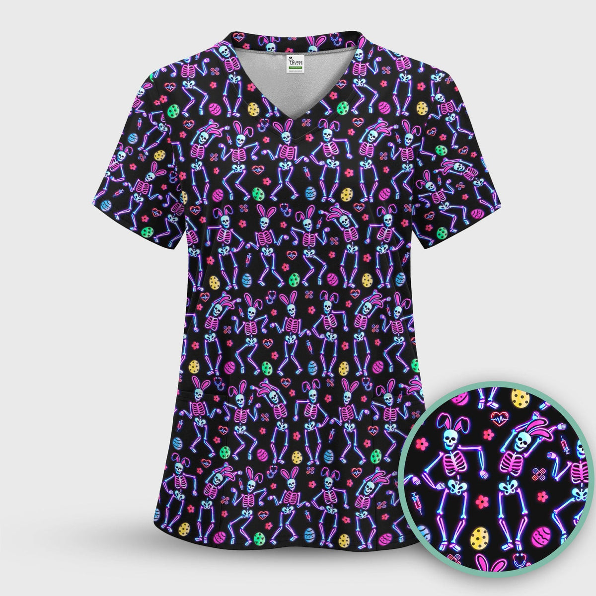Neon Easter Skeleton Pattern Scrub Top, Comfortable Scrubs for Nurses