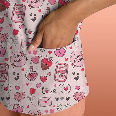Be Mine Heart Pattern Pattern Scrub Top, Pink Valentine Pattern Nursing Uniform For Women