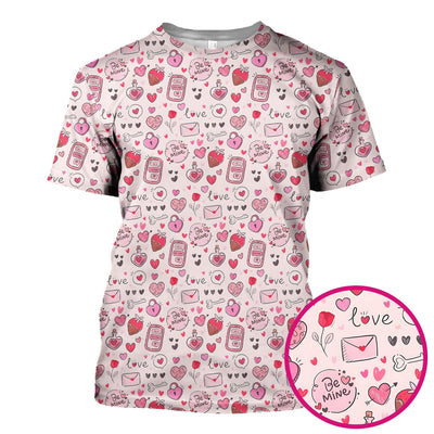Be Mine Heart Pattern Pattern Scrub Top, Pink Valentine Pattern Nursing Uniform For Women