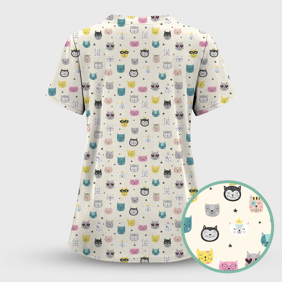 Cute Colorful Cat Pattern Scrub Top, Comfortable Scrubs for Nurses