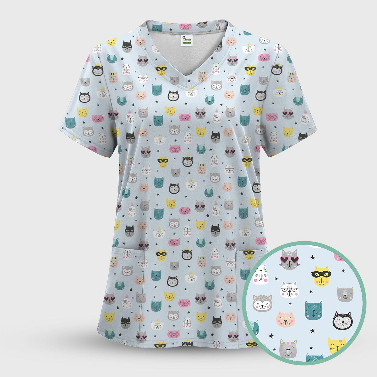 Cute Colorful Cat Pattern Scrub Top, Comfortable Scrubs for Nurses
