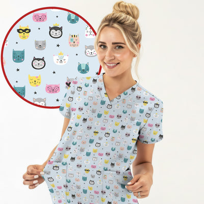 Cute Colorful Cat Pattern Scrub Top, Comfortable Scrubs for Nurses