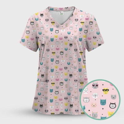 Cute Colorful Cat Pattern Scrub Top, Comfortable Scrubs for Nurses