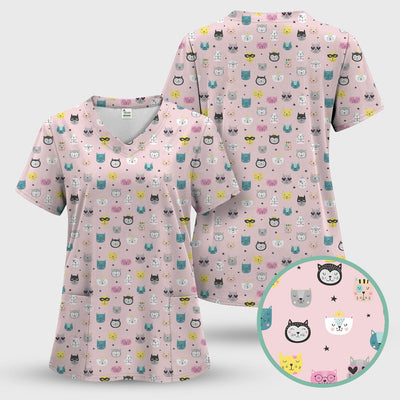 Cute Colorful Cat Pattern Scrub Top, Comfortable Scrubs for Nurses