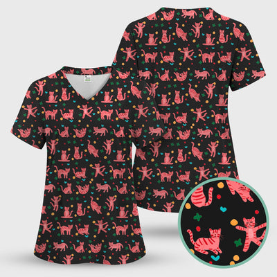 Cute Pink Cat Pattern Scrub Top, Comfortable Scrubs for Nurses