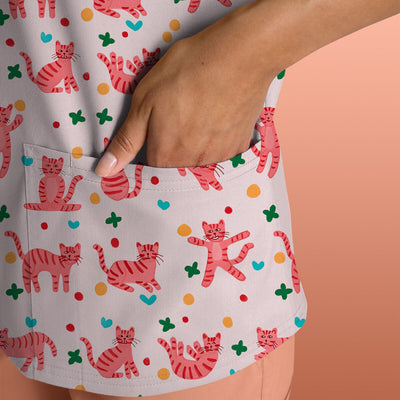 Cute Pink Cat Pattern Scrub Top, Comfortable Scrubs for Nurses