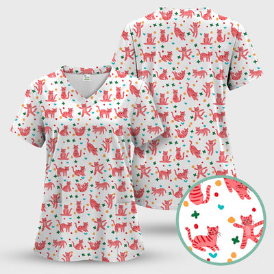 Cute Pink Cat Pattern Scrub Top, Comfortable Scrubs for Nurses