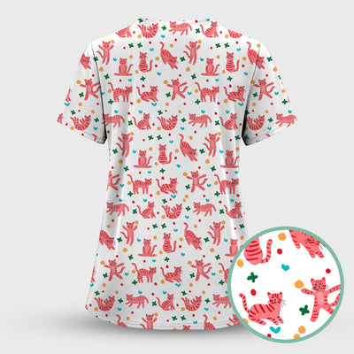 Cute Pink Cat Pattern Scrub Top, Comfortable Scrubs for Nurses
