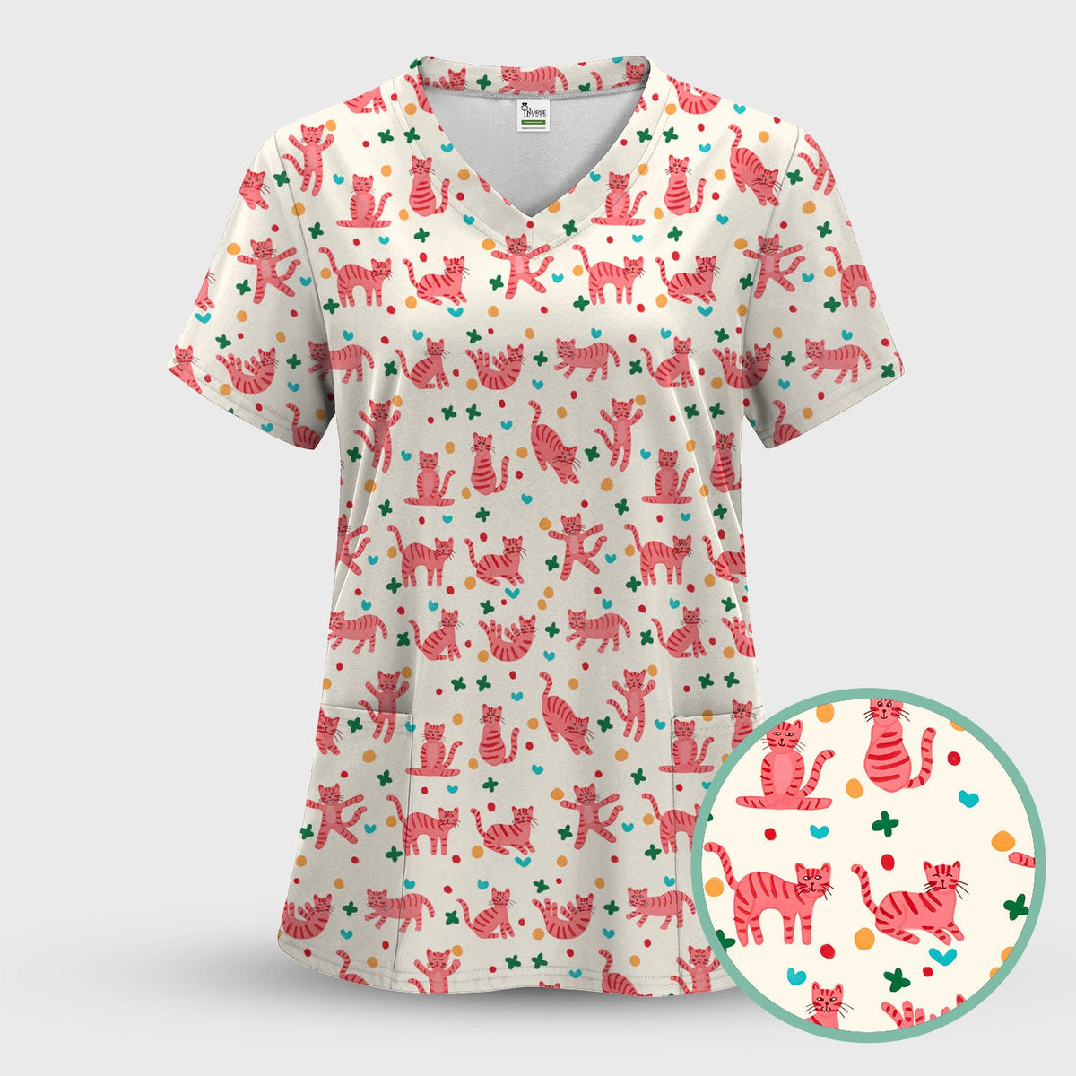 Cute Pink Cat Pattern Scrub Top, Comfortable Scrubs for Nurses