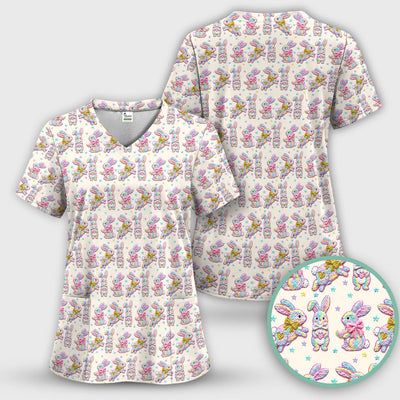 Cartoon Bunny All Over Print Scrub Top, Comfortable Scrubs for Nurses, Easter