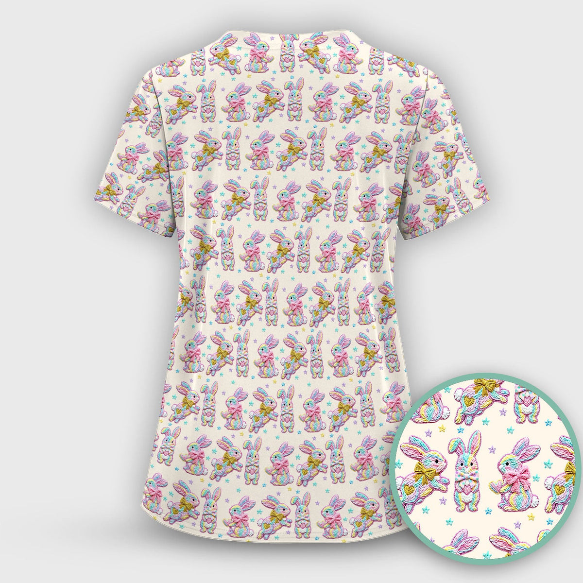 Cartoon Bunny All Over Print Scrub Top, Comfortable Scrubs for Nurses, Easter
