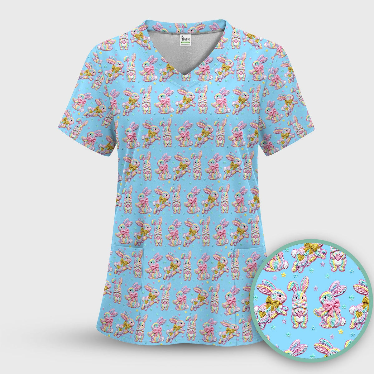 Cartoon Bunny All Over Print Scrub Top, Comfortable Scrubs for Nurses, Easter