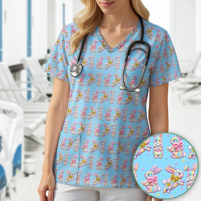 Cartoon Bunny All Over Print Scrub Top, Comfortable Scrubs for Nurses, Easter