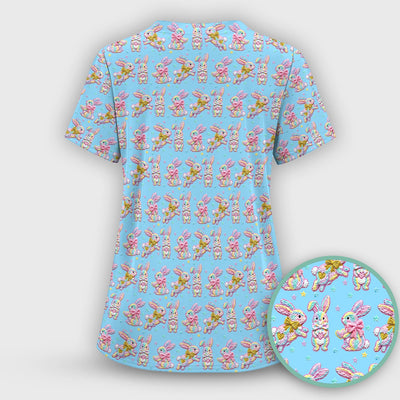 Cartoon Bunny All Over Print Scrub Top, Comfortable Scrubs for Nurses, Easter