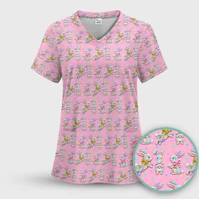 Cartoon Bunny All Over Print Scrub Top, Comfortable Scrubs for Nurses, Easter