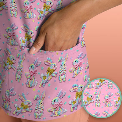 Cartoon Bunny All Over Print Scrub Top, Comfortable Scrubs for Nurses, Easter