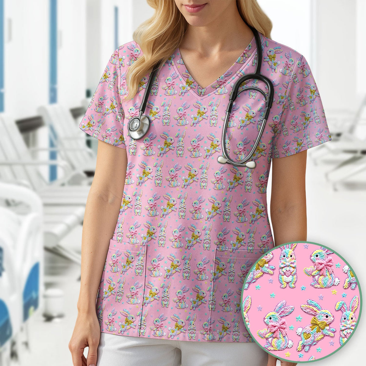 Cartoon Bunny All Over Print Scrub Top, Comfortable Scrubs for Nurses, Easter