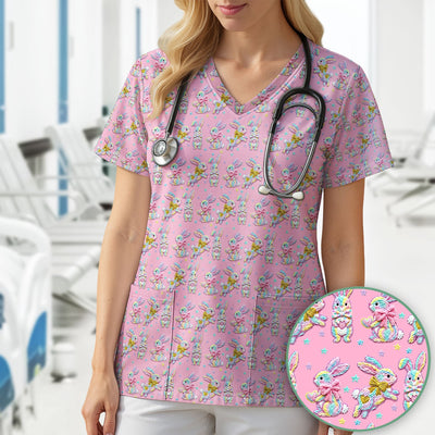Cartoon Bunny All Over Print Scrub Top, Comfortable Scrubs for Nurses, Easter