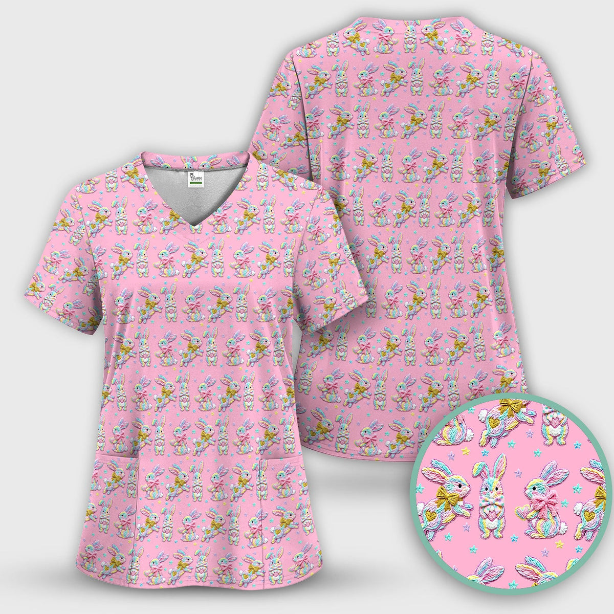 Cartoon Bunny All Over Print Scrub Top, Comfortable Scrubs for Nurses, Easter