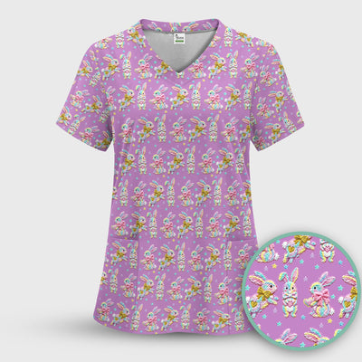 Cartoon Bunny All Over Print Scrub Top, Comfortable Scrubs for Nurses, Easter