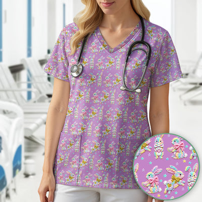 Cartoon Bunny All Over Print Scrub Top, Comfortable Scrubs for Nurses, Easter