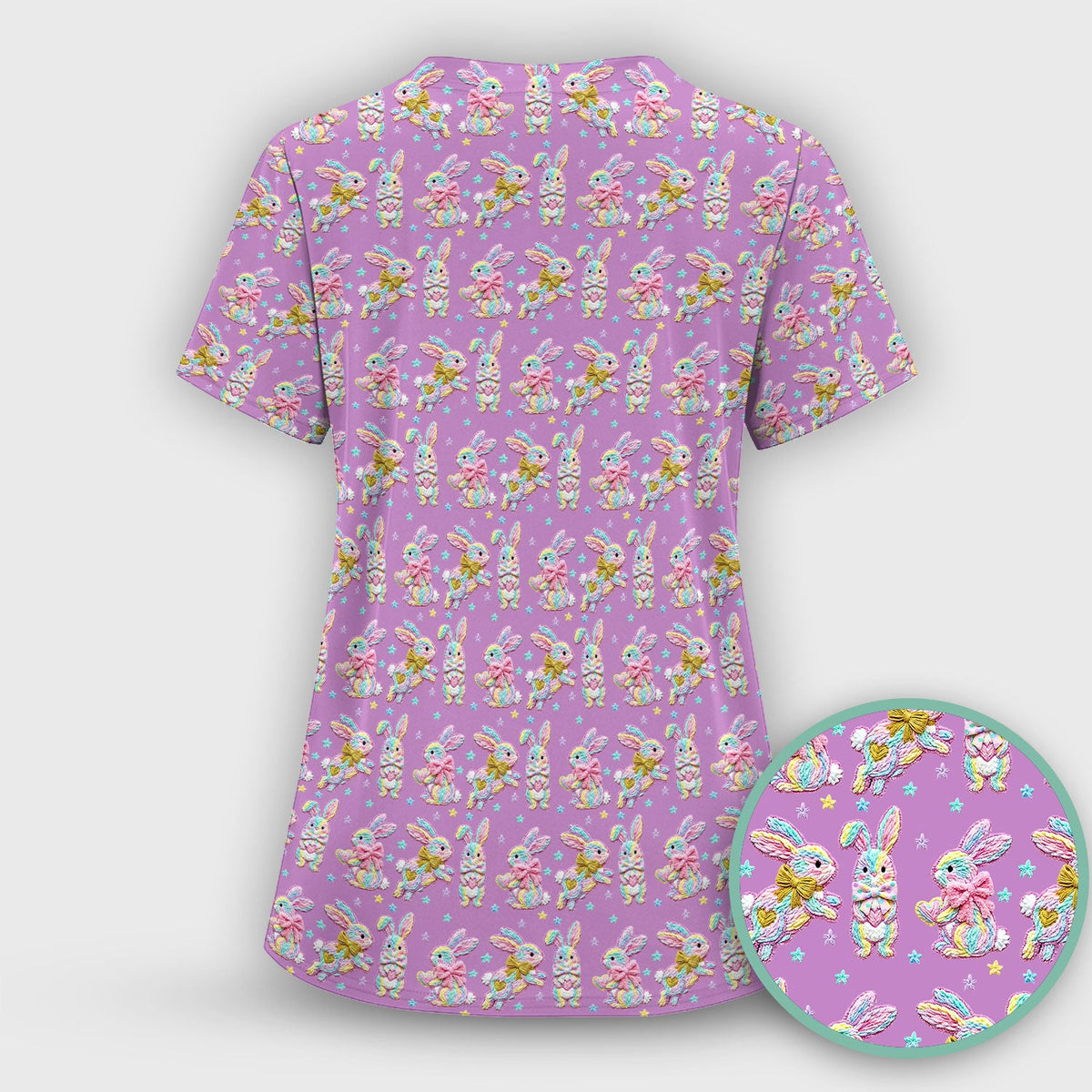 Cartoon Bunny All Over Print Scrub Top, Comfortable Scrubs for Nurses, Easter