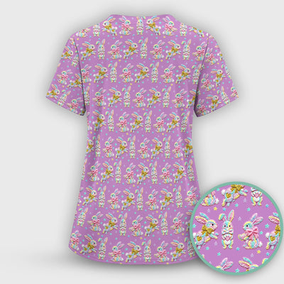 Cartoon Bunny All Over Print Scrub Top, Comfortable Scrubs for Nurses, Easter