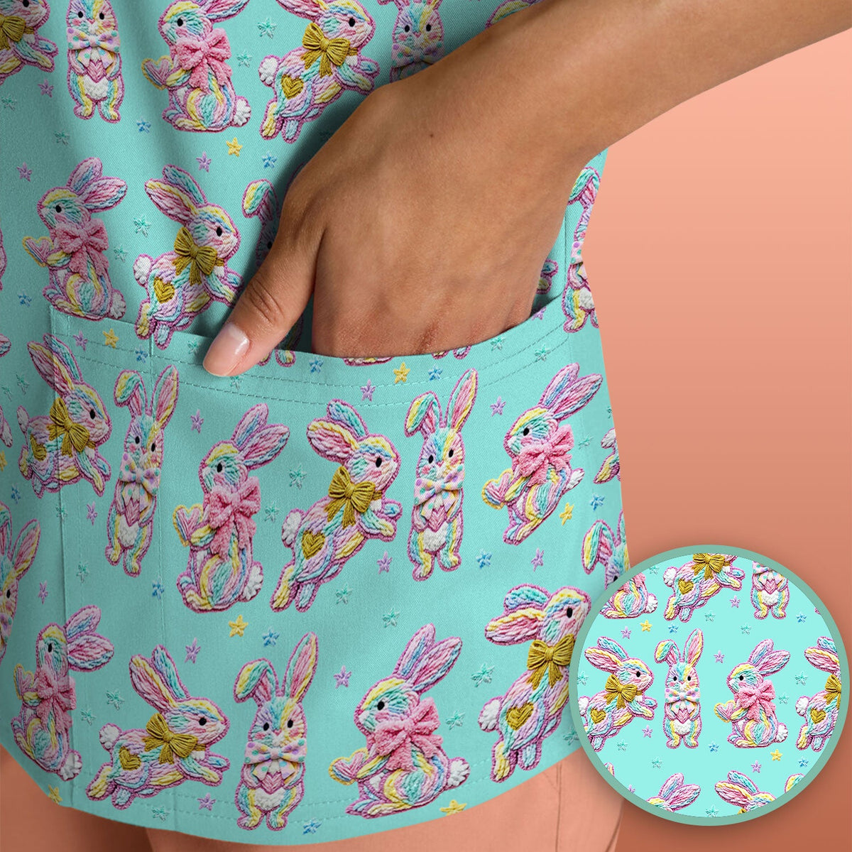 Cartoon Bunny All Over Print Scrub Top, Comfortable Scrubs for Nurses, Easter