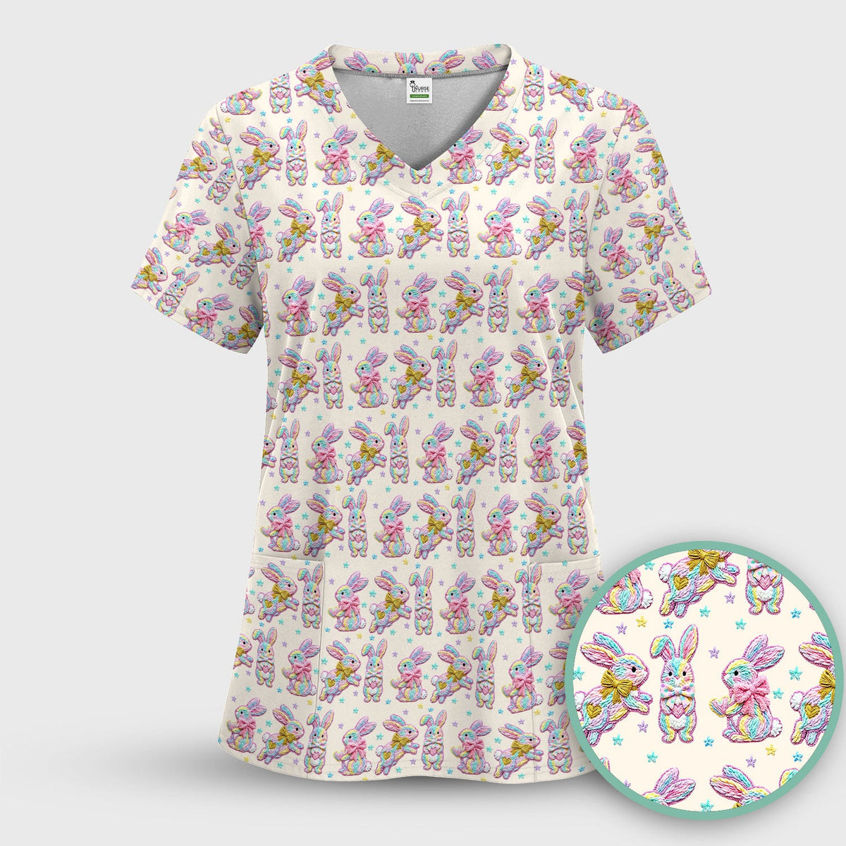 Cartoon Bunny All Over Print Scrub Top, Comfortable Scrubs for Nurses, Easter