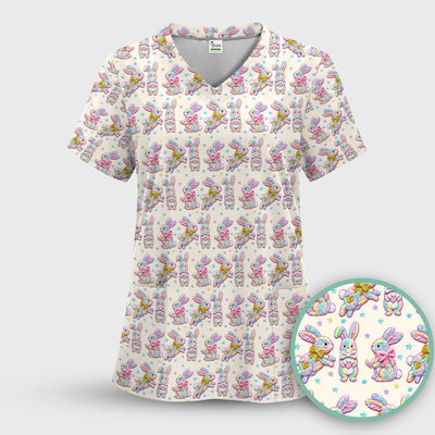 Cartoon Bunny All Over Print Scrub Top, Comfortable Scrubs for Nurses, Easter