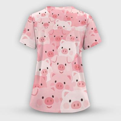 Cute Pig Nursing Scrub Top, Comfortable Scrubs For Nurses