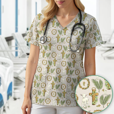 Faith Lamb Cross Pattern Scrub Top, Comfortable Scrubs for Nurses