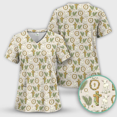 Faith Lamb Cross Pattern Scrub Top, Comfortable Scrubs for Nurses