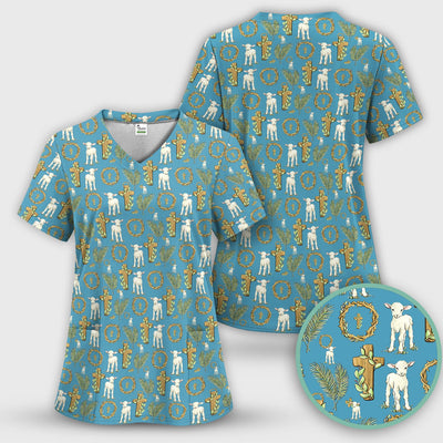 Faith Lamb Cross Pattern Scrub Top, Comfortable Scrubs for Nurses