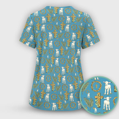 Faith Lamb Cross Pattern Scrub Top, Comfortable Scrubs for Nurses
