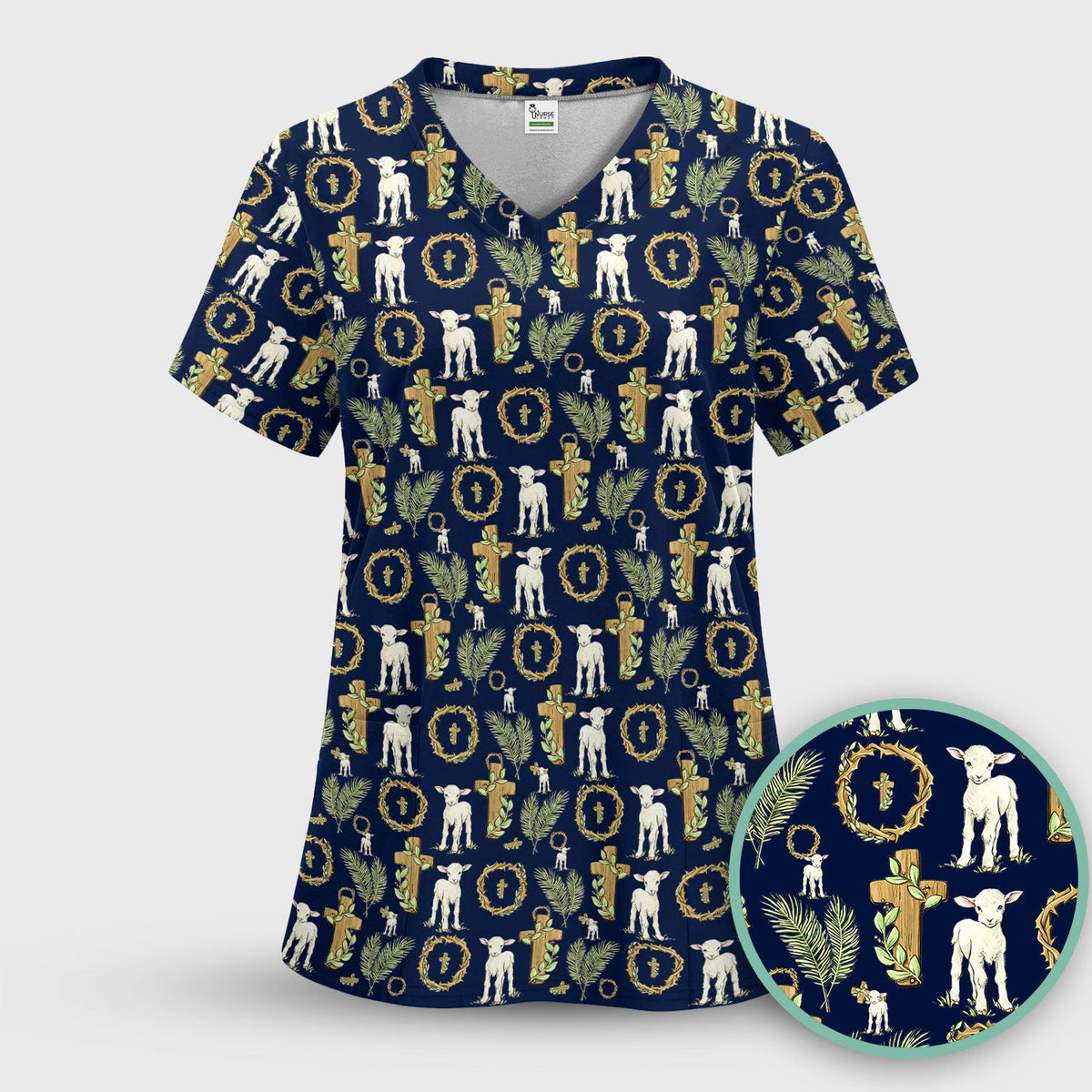 Faith Lamb Cross Pattern Scrub Top, Comfortable Scrubs for Nurses
